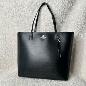 Kate Spade Karla Cityscape Black Smooth Leather Tote with Bow Charm Seton EUC
